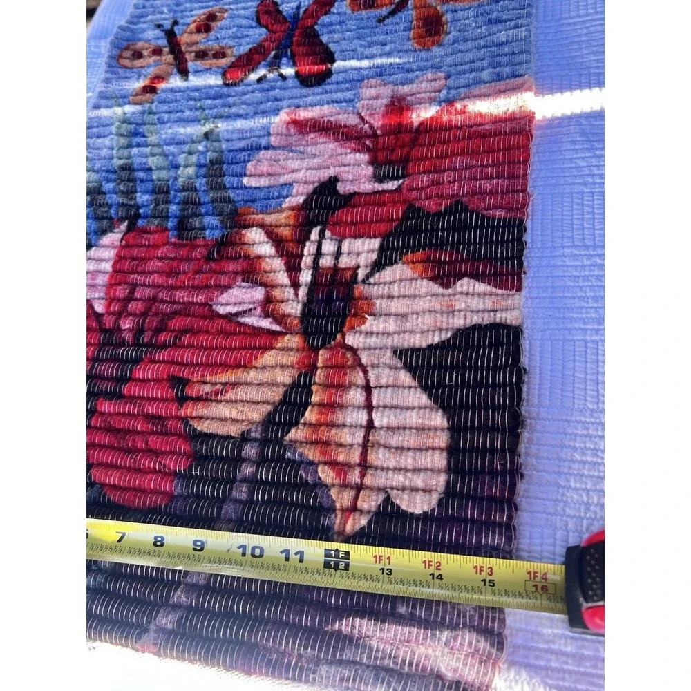 Vintage Handmade Peru Wool Butterfly Floral Tapestry Wall Hanging 23x15